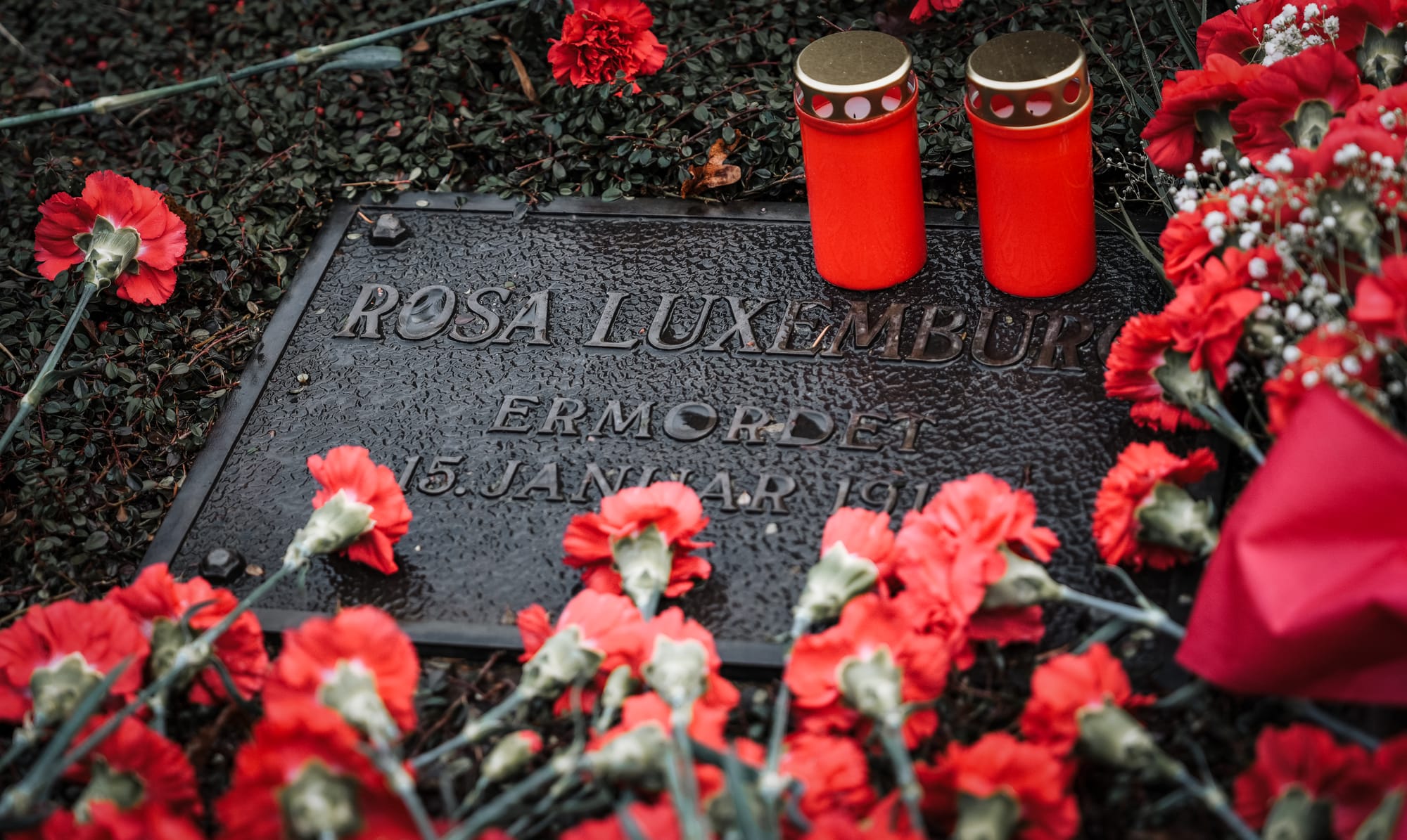 Grabplatte von Rosa Luxemburg. Darum herum liegen Blumen und sind Grablichte aufgestellt